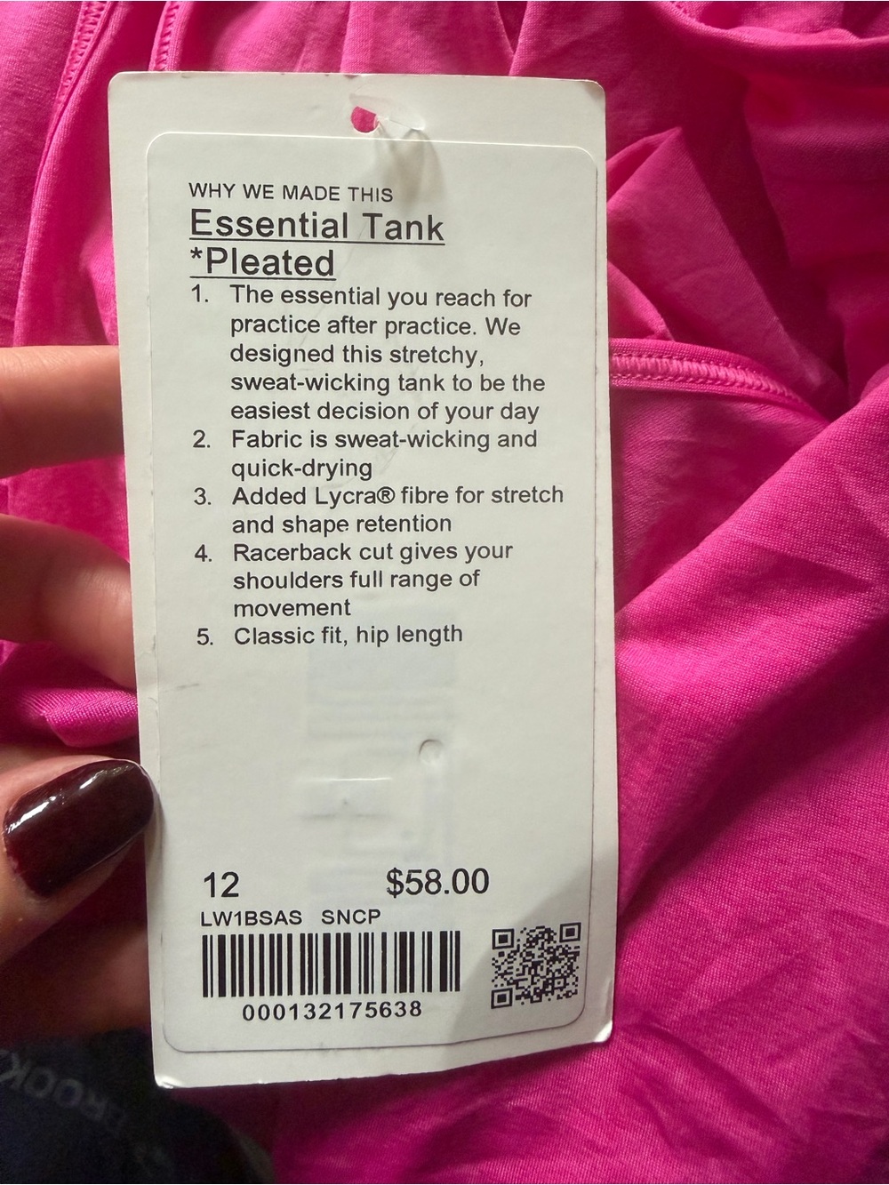 NWT Lululemon athletica Essential Pleated Tank - Bright Pink size 12